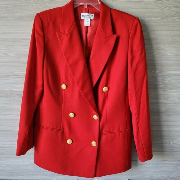 Pendleton Red Wool Structured Double-Breasted Blazer Jacket Gold Buttons Size 8 - Picture 6 of 13
